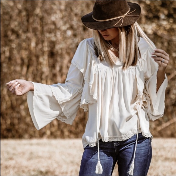 Tops - SOLID OATMEAL BOHEMIAN RUFFLE BELL SLEEVES TOP